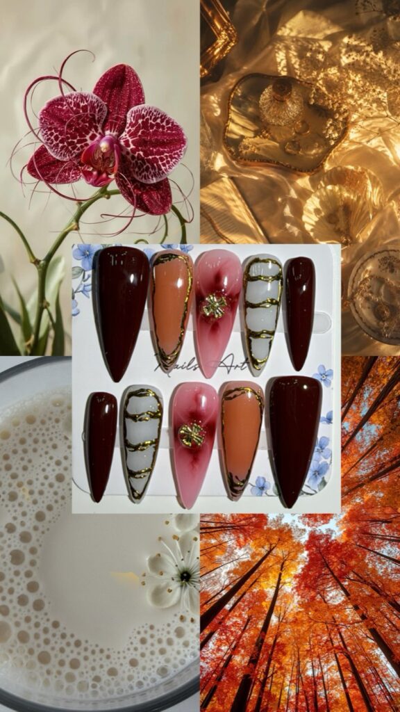 Moodboard med bordeaux orkidé og efterårsskov ved siden af et press on sæt i bordeaux, nude og lyserød marmor