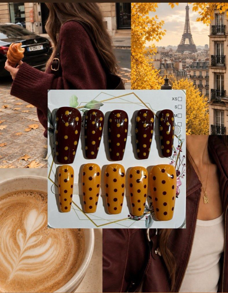 Moodboard med efterårs-Paris ved siden af et press on sæt i bordeaux og karrygul med prikker på et størrelseskort