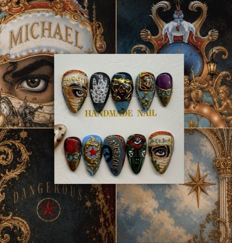 Moodboard med Michael Jacksons Dangerous-albumcover ved siden af et håndmalet press on sæt i stiletto-form