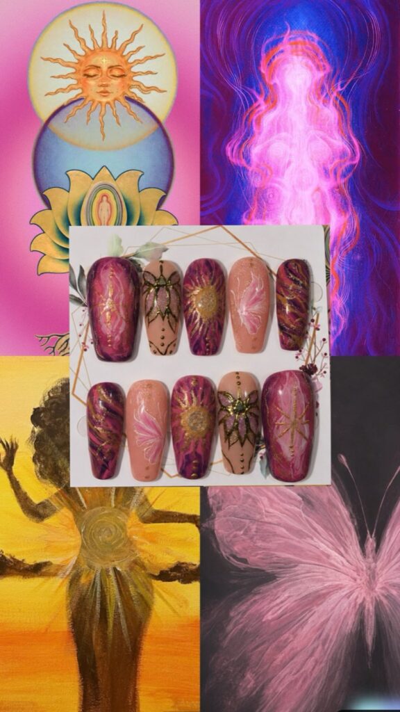 Moodboard i pink og guld ved siden af et håndmalet press on sæt med sol, sommerfugl og mandala